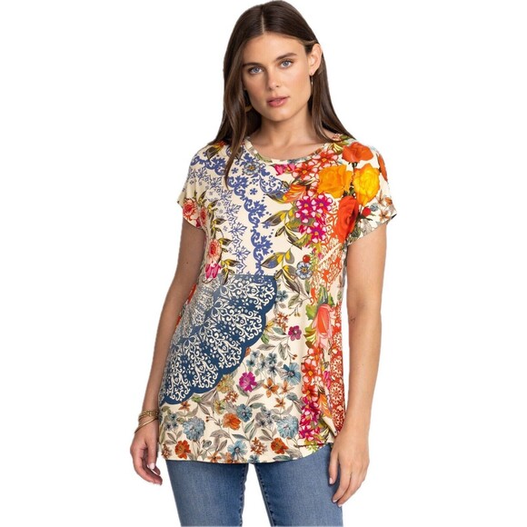 F. Johnny Was M Tunic Multicolor Blouse Cap Sleeve Round Neck NWT $140 - Picture 1 of 7